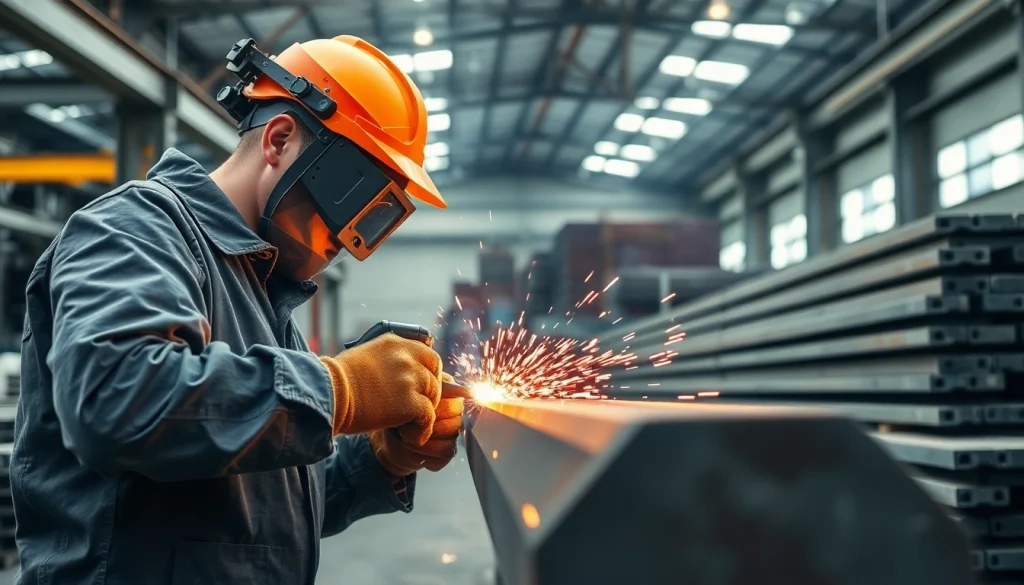 Welder performing structural steel welding in an industrial workshop, highlighting craftsmanship and safety.
