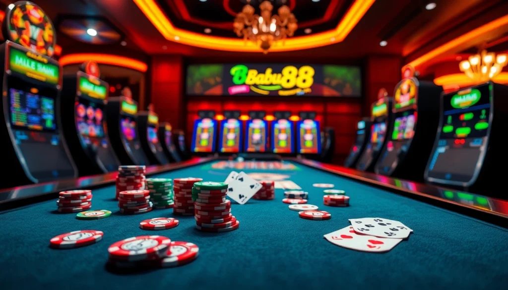 Babu88's online betting experience highlighted with vibrant casino elements like poker chips and slot machines.