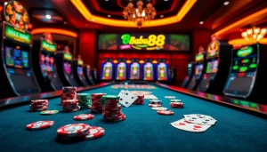 Babu88's online betting experience highlighted with vibrant casino elements like poker chips and slot machines.