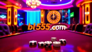 Engage in thrilling gameplay at bl555 com with vibrant casino tables, poker chips, and a luxury roulette wheel.
