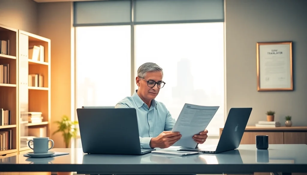 Professional setting with a tradutor juramentado reviewing official documents in a modern office.