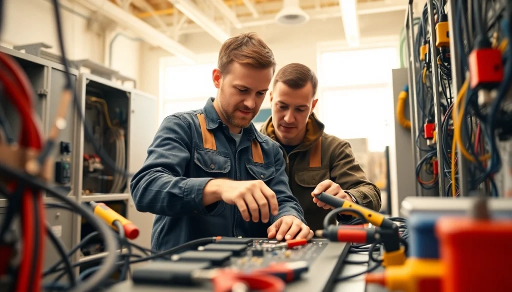 Two apprentices collaborating on wiring systems during their Wyoming Electrical Apprenticeship training.