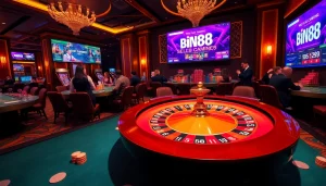 Experience thrilling online gaming at Bin88 with vibrant roulette tables and poker chips.