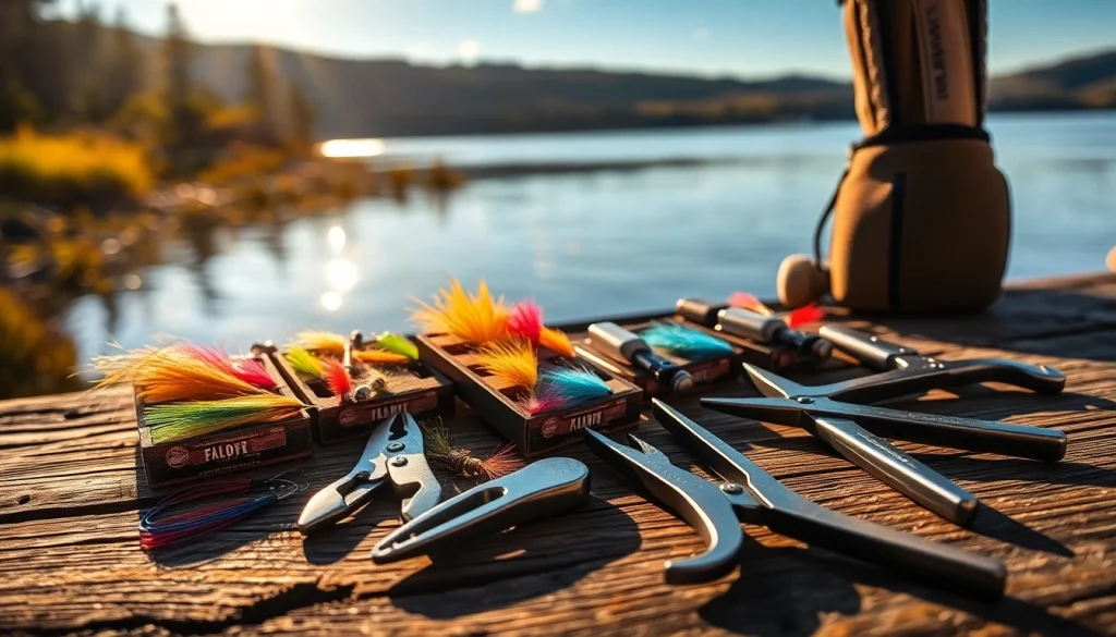 Showcase of essential Fly fishing accessories like nippers and fly boxes in a serene outdoor setting.