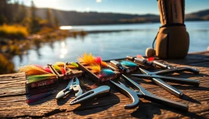 Showcase of essential Fly fishing accessories like nippers and fly boxes in a serene outdoor setting.