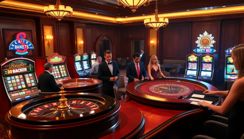 A thrilling casino scene showcasing players engaged in lively games at 188bet, featuring roulette and poker tables.
