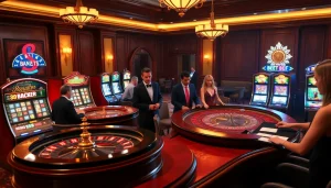 A thrilling casino scene showcasing players engaged in lively games at 188bet, featuring roulette and poker tables.