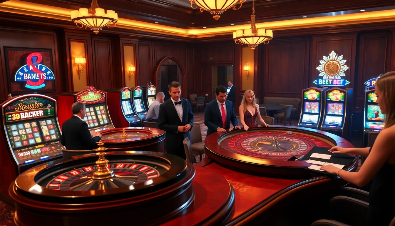 A thrilling casino scene showcasing players engaged in lively games at 188bet, featuring roulette and poker tables.