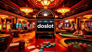 Experience excitement at a vibrant doaslot casino, showcasing players at slot machines and tables.
