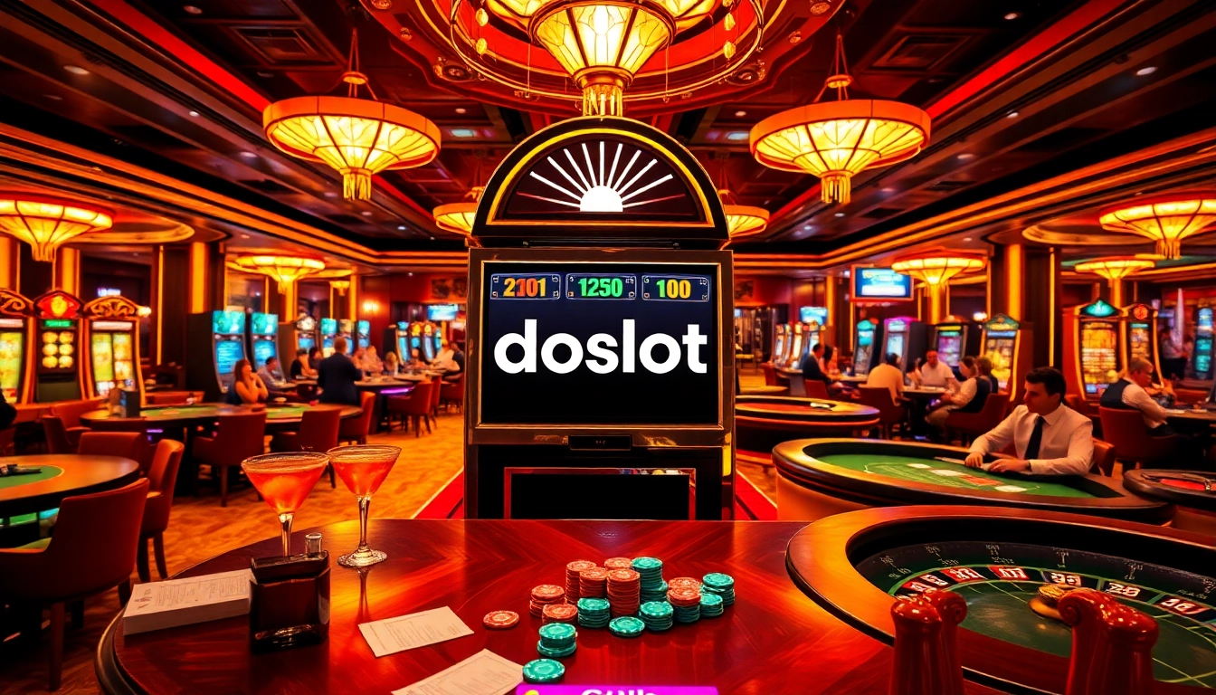 Experience excitement at a vibrant doaslot casino, showcasing players at slot machines and tables.