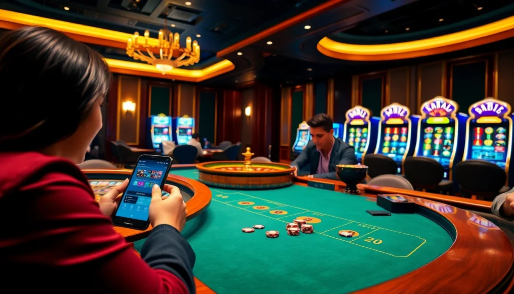 Ứng dụng Bet VIP được trưng bày trong một casino sang trọng, với người chơi tận hưởng sự hứng khởi khi tham gia trò chơi.