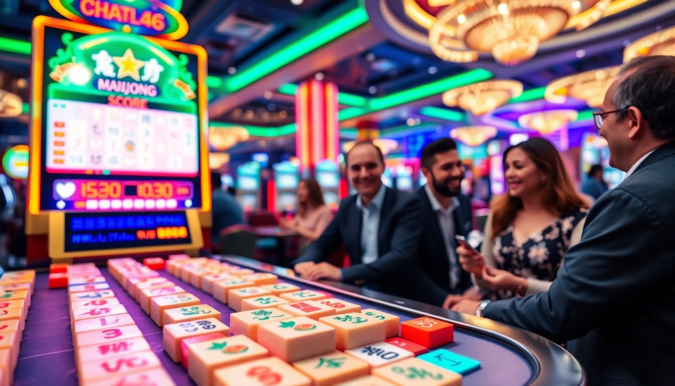 Permainan slot mahjong yang mengasyikkan dengan suasana kasino yang ceria dan pemain senang.