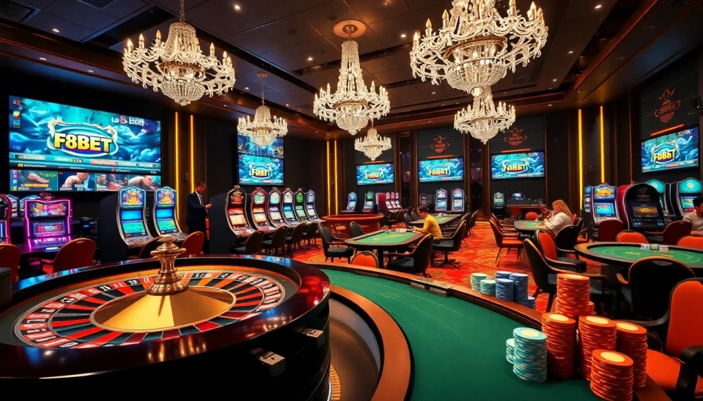 Experience the thrill of winning at f8bet with a luxurious casino atmosphere featuring roulette and poker tables.