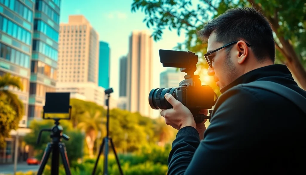 Videographer capturing vibrant cityscape with DSLR camera in an urban environment.