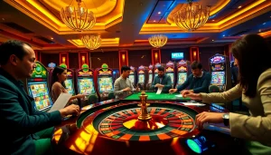 Engaging slot community members interact with vibrant slot machines in a luxurious casino.