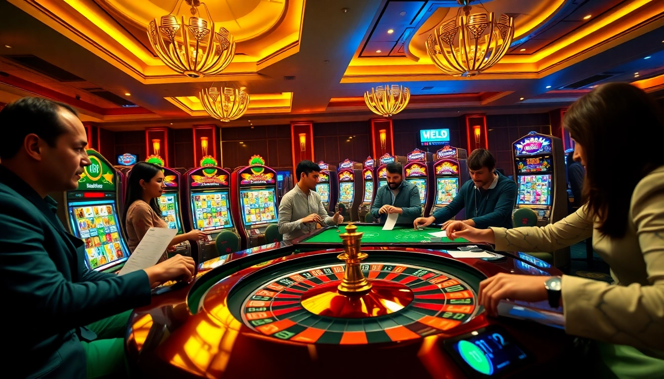 Engaging slot community members interact with vibrant slot machines in a luxurious casino.