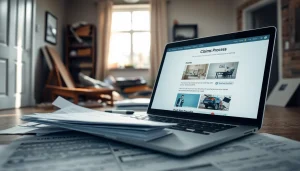 Visualize Property Insurance Claims with a damaged home scene and insurance documents.