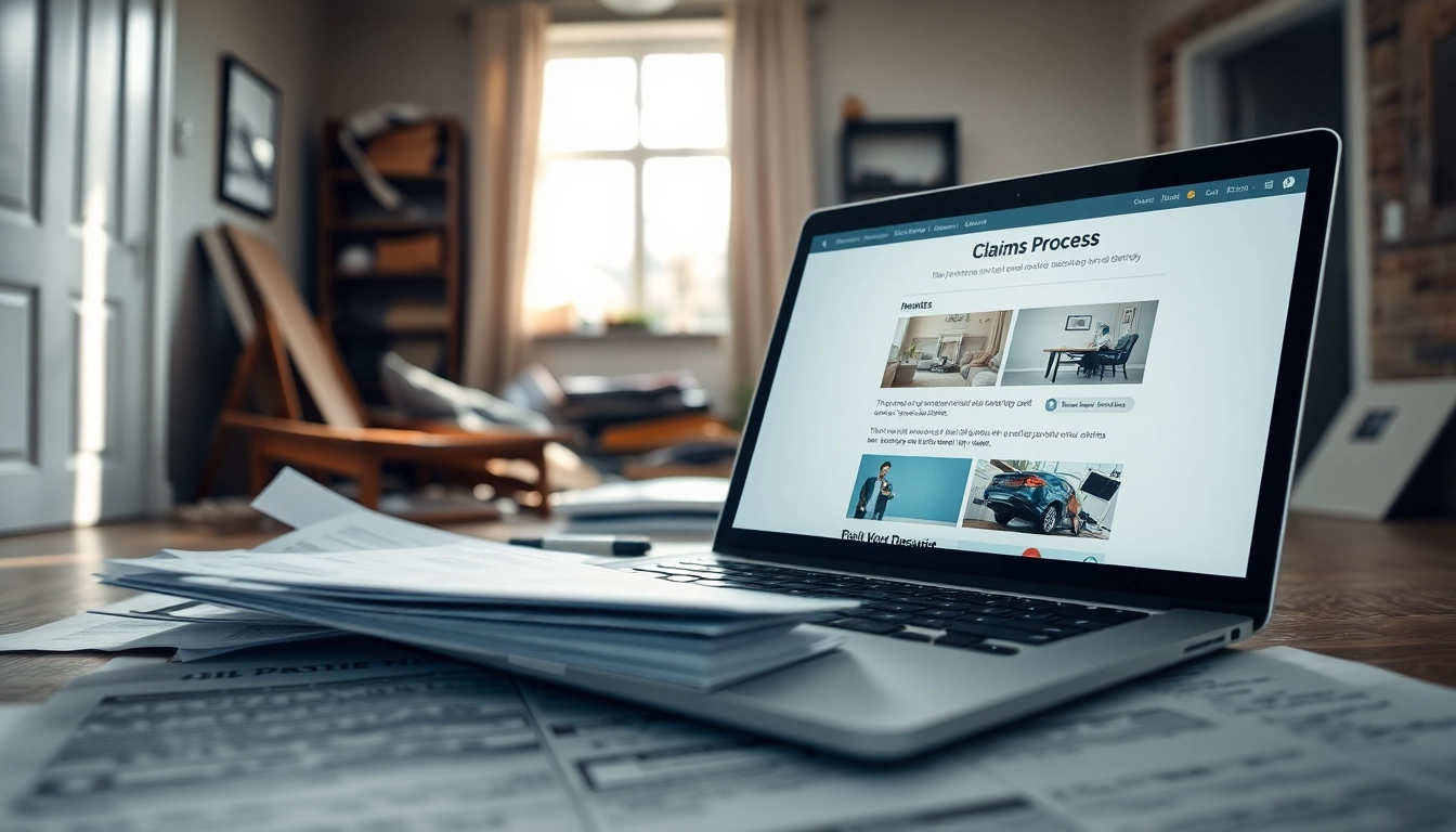 Visualize Property Insurance Claims with a damaged home scene and insurance documents.