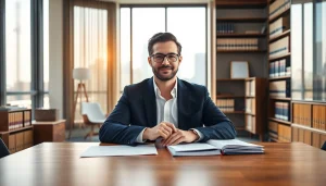 A real estate lawyer consulting in a bright office, showcasing expertise and professionalism.