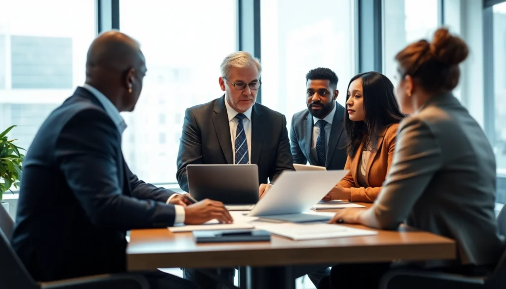 Eminent domain lawyer advising clients in a modern office, showcasing professional legal services.