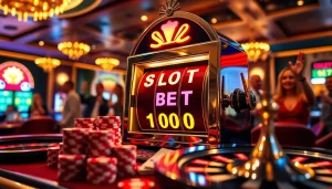 Exciting casino scene with vibrant slot machine featuring "slot bet 100" surrounded by poker chips and roulette wheel.