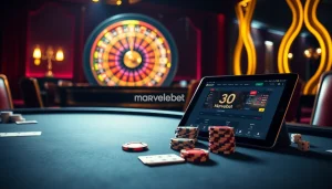 Marvelbet engages players at a luxury casino with vibrant roulette, poker chips, and online betting.