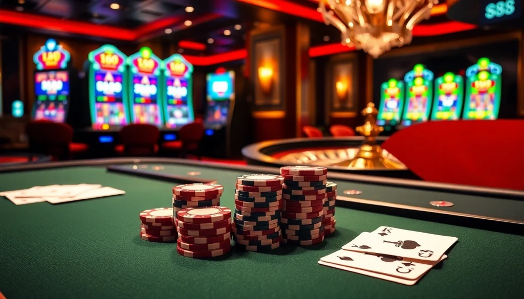 An engaging scene of players enjoying 888b online casino games with vibrant poker chips and glowing slot machines.