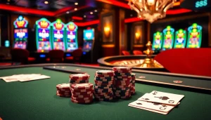 An engaging scene of players enjoying 888b online casino games with vibrant poker chips and glowing slot machines.