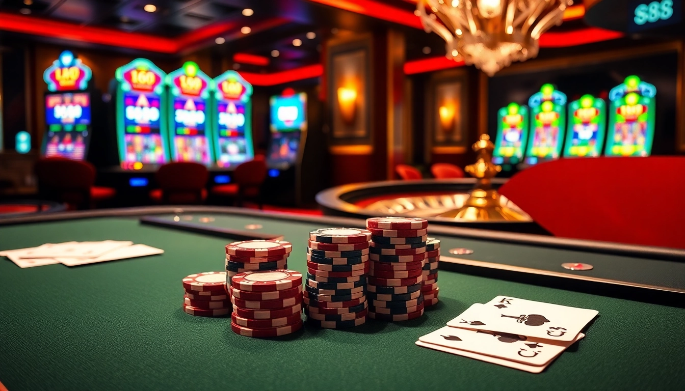 An engaging scene of players enjoying 888b online casino games with vibrant poker chips and glowing slot machines.