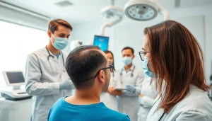 Engaged patients exploring hair transplant uk options in a professional clinic.