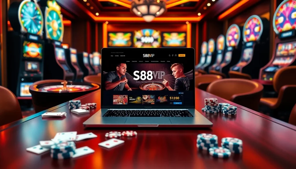 Experience the luxury of Trang chủ S88VIP with a captivating casino atmosphere featuring dynamic gaming elements.