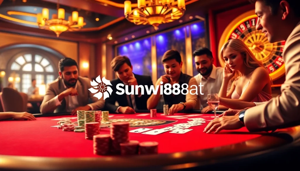 Exciting poker game at a luxurious casino featuring elements from https://sunwin88.art/, showcasing cards and chips.