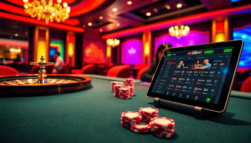 Experience sbobet's thrilling betting atmosphere with players at a poker table and an online interface.