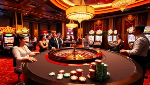 oxplay casino scene featuring excited players at a roulette table with luxurious decor.