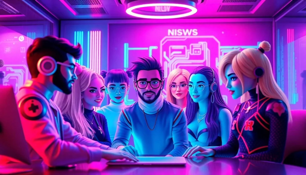 Engaging scene of NSFW character AI avatars in a futuristic chat room, showcasing personalization and user interaction.