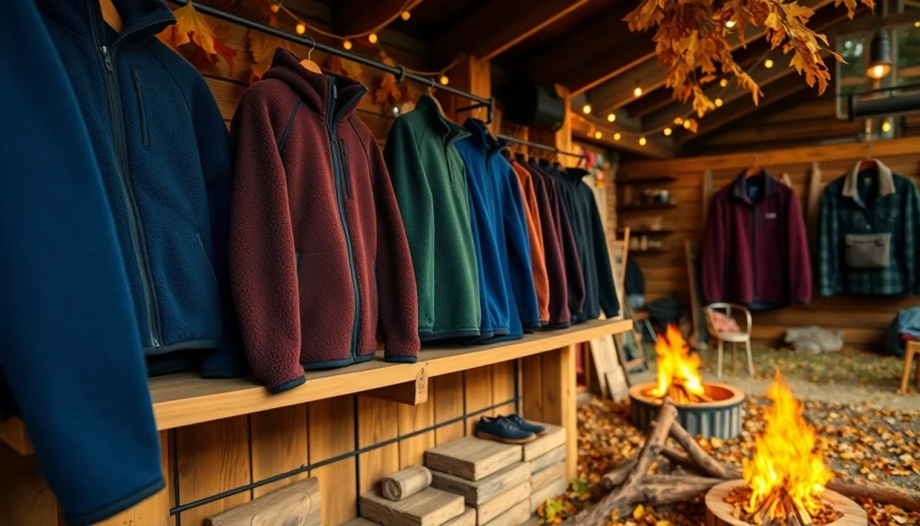 Fleece jacks in warme herfst tinten in een gezellige buitenwinkel.
