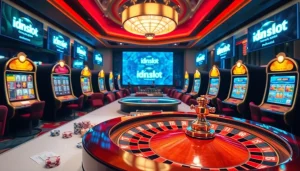 Experience the thrills of idnslot in a vibrant casino setting with luxury slot machines and roulette wheels.