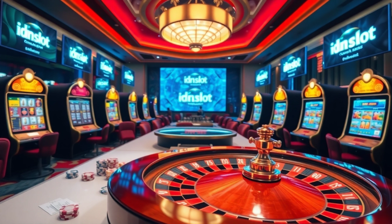 Experience the thrills of idnslot in a vibrant casino setting with luxury slot machines and roulette wheels.
