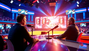 Engaging sports broadcasting studio scene with a host and athlete interview, highlighting media dynamics.