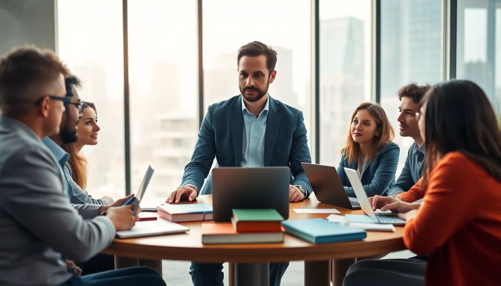 Engaging discussion on founder leadership insights among diverse leaders in modern office.