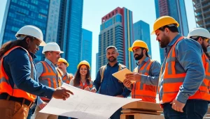 Texas association of builders collaborating on a construction project in a modern urban setting.