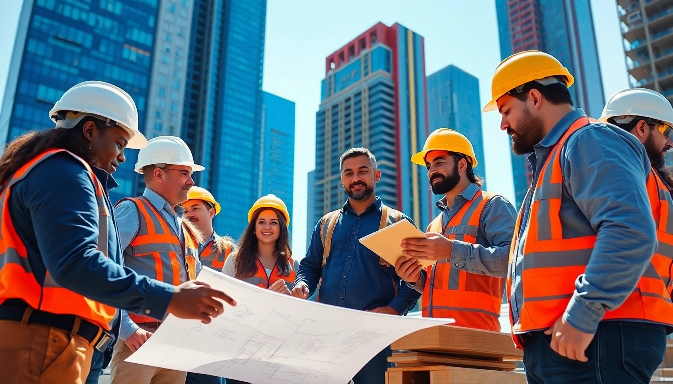 Texas association of builders collaborating on a construction project in a modern urban setting.