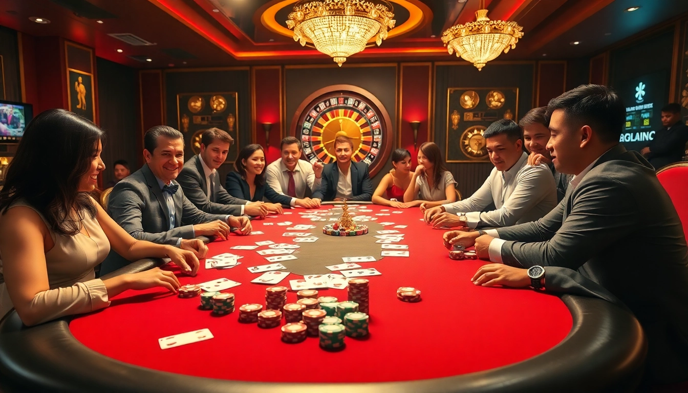 Excited players enjoying a vibrant game at 98win98 casino with poker chips and cards.