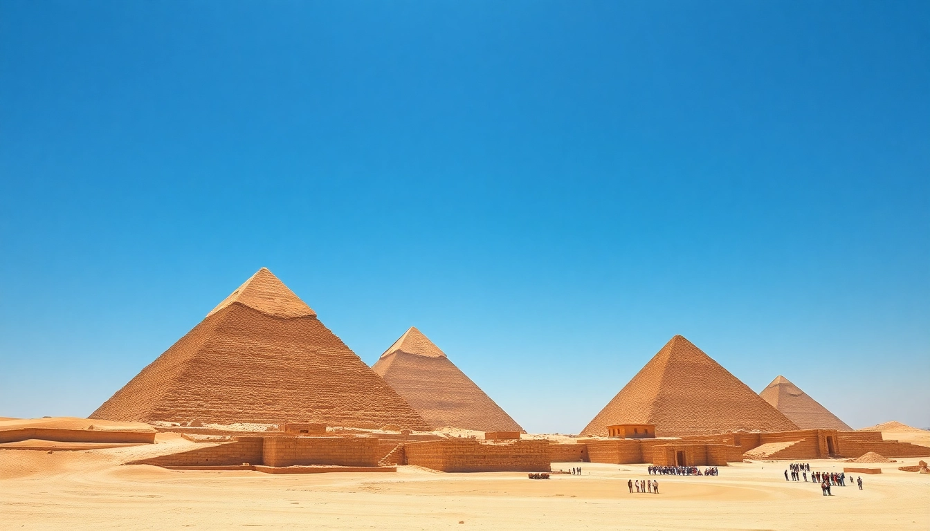 View of the ancient piraminds highlighting their majestic structures against a clear sky.