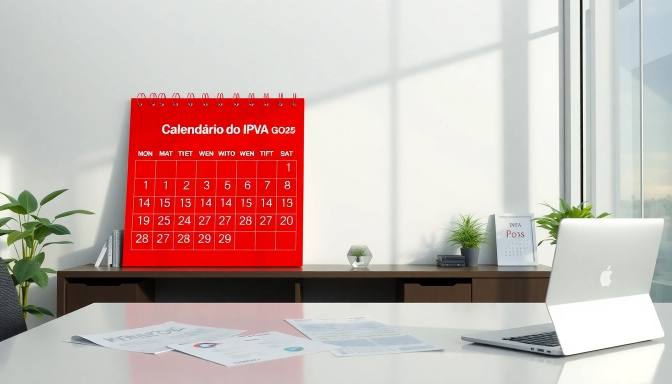 Visual representation of IPVA GO 2026 calendar in a professional office, highlighting tax payment details.