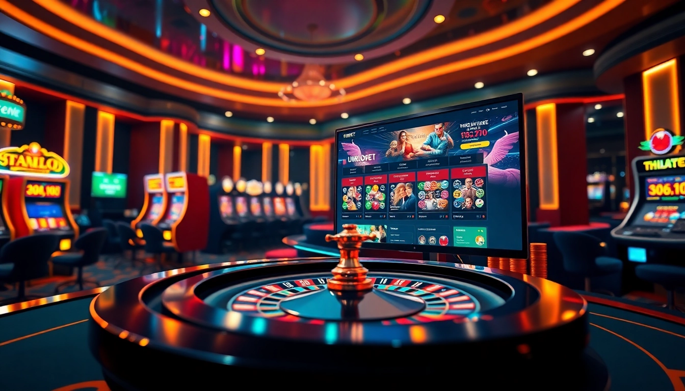Exciting gaming experience at nhà cái thabet featuring roulette, poker chips, and online gambling interface.