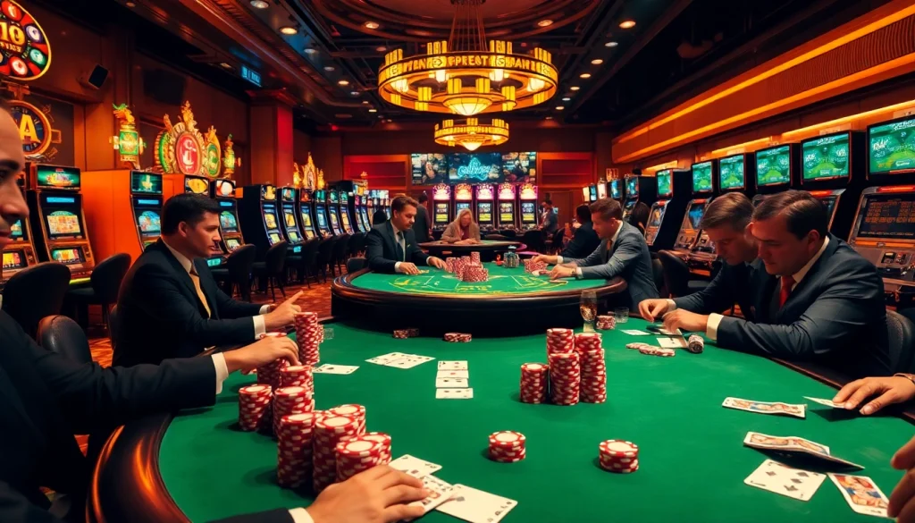 Vibrant casino scene showcasing high-stakes poker at https://shbet.law/ with colorful chips and elegant players.