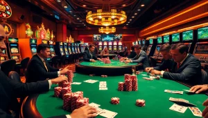 Vibrant casino scene showcasing high-stakes poker at https://shbet.law/ with colorful chips and elegant players.