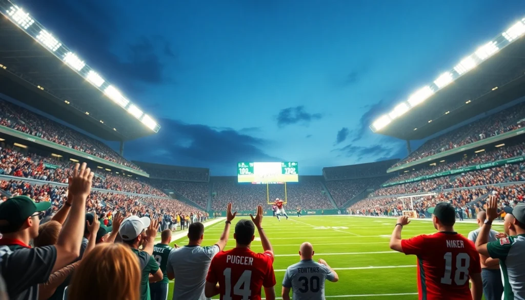 NFL schedule this weekend displayed prominently with a dynamic football stadium filled with enthusiastic fans.