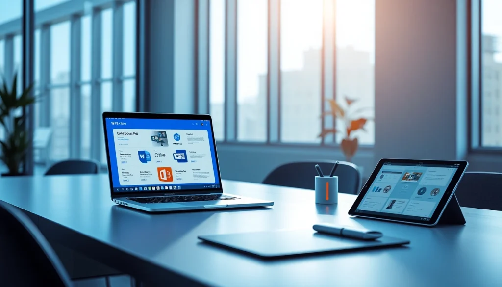 在现代办公环境中探索 WPS下载，展示笔记本电脑上的 WPS Office 与协作工作区。